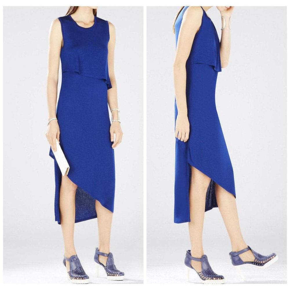 BCBGMaxazria Kyrie Asymmetrical Jersey Midi Length Blue Dress Women's Sz L